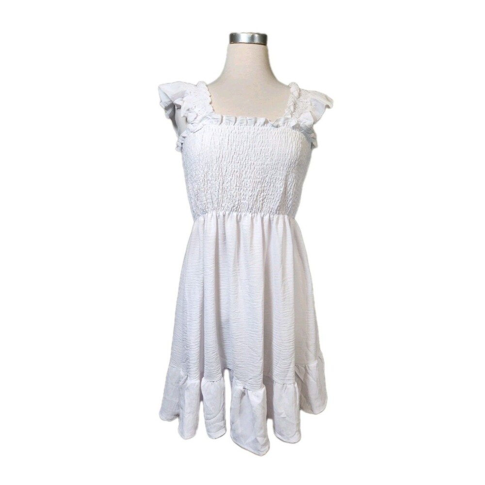 Roylamp White Smocked-Bodice Dress Ruffle Sleeve Womens L NWT Summer Beach